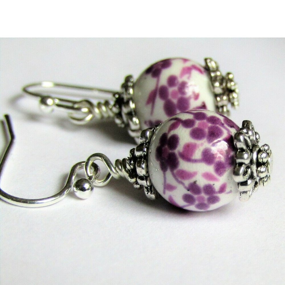 Purple Floral Blossom Ceramic Silver Earrings